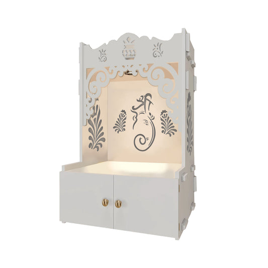 Beautiful Design of Shri Ganesh Floor Temple with Spacious Wooden Shelf & Inbuilt Focus Light- White Finish