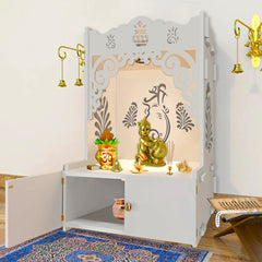 Beautiful Design of Shri Ganesh Floor Temple with Spacious Wooden Shelf & Inbuilt Focus Light- White Finish