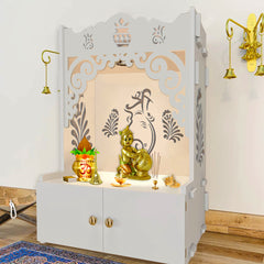 Beautiful Design of Shri Ganesh Floor Temple with Spacious Wooden Shelf & Inbuilt Focus Light- White Finish