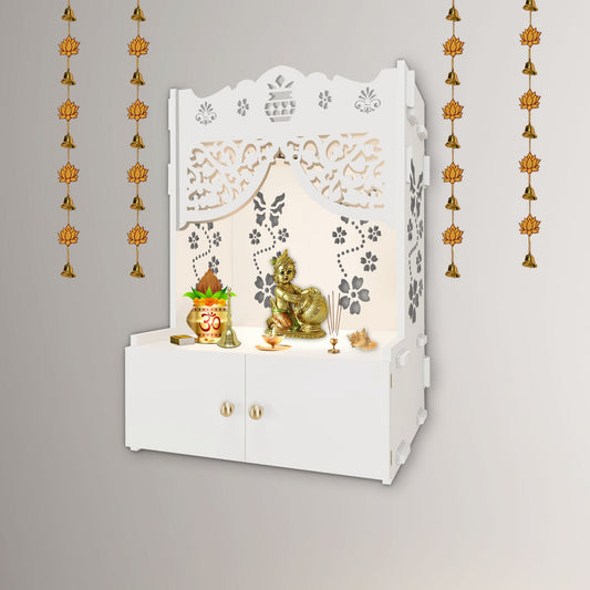 Swastika Kalash Symbol of Hindu Religious White Wooden Wall Temple for Home With Inbuilt focus Lights & Spacious Shelf