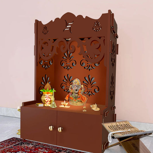 Floral Designer Pattern Floor Temple with Spacious Wooden Shelf & Inbuilt Focus Light- Brown Finish