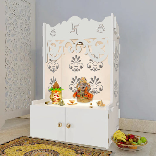 Floral Designer Pattern Floor Temple with Spacious Wooden Shelf & Inbuilt Focus Light- White Finish