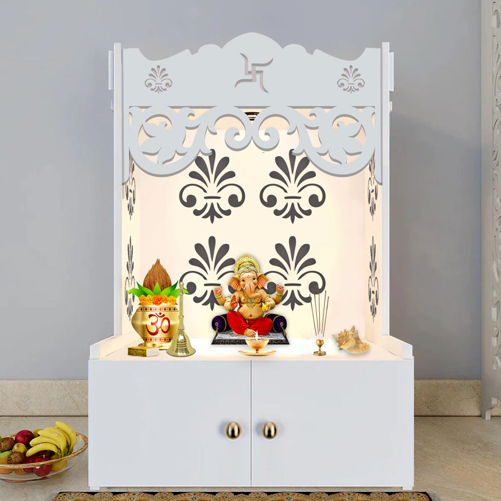 Floral Designer Pattern Floor Temple with Spacious Wooden Shelf & Inbuilt Focus Light- White Finish