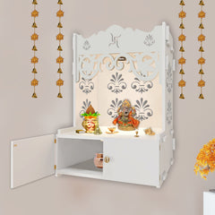 Shubh Labh Symbol of Hindu Religious White Wooden Wall Temple for Home With Inbuilt focus Lights & Spacious Shelf