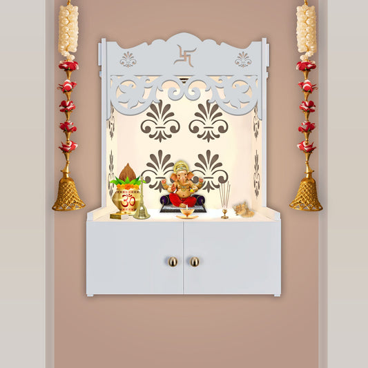 Shubh Labh Symbol of Hindu Religious White Wooden Wall Temple for Home With Inbuilt focus Lights & Spacious Shelf