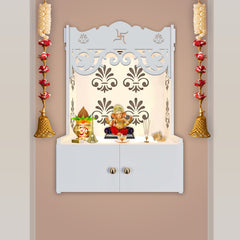 Shubh Labh Symbol of Hindu Religious White Wooden Wall Temple for Home With Inbuilt focus Lights & Spacious Shelf