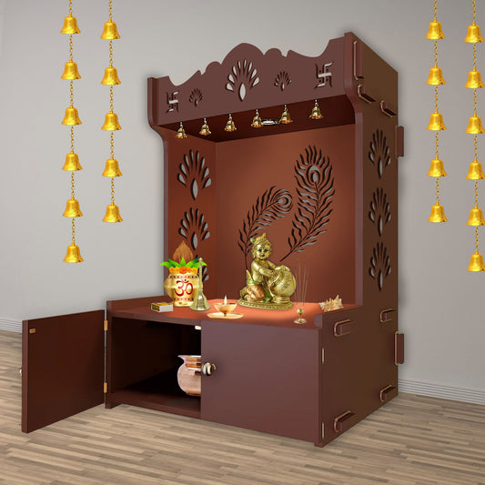 Premium Art of Mor Pankh Floor Temple with Spacious Wooden Shelf & Inbuilt Focus Light- Brown Finish