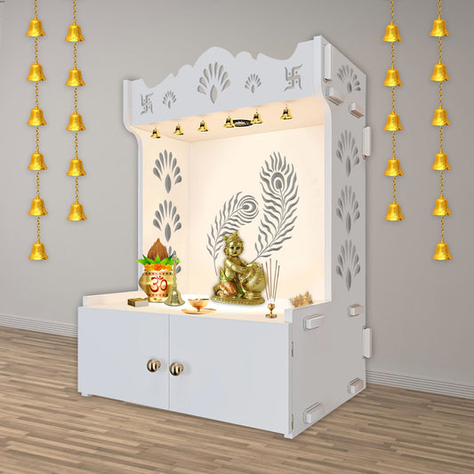 Premium Art of Mor Pankh Floor Temple with Spacious Wooden Shelf & Inbuilt Focus Light- White Finish