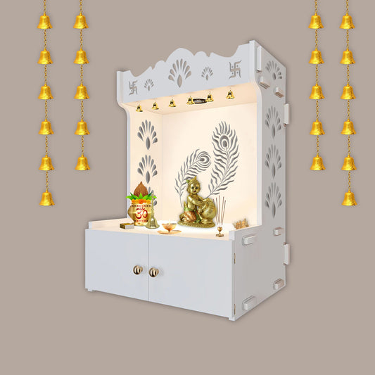 Premium Art of Mor Pankh White Wooden Temple for Home with Inbuilt Focus Light & Spacious Shelf