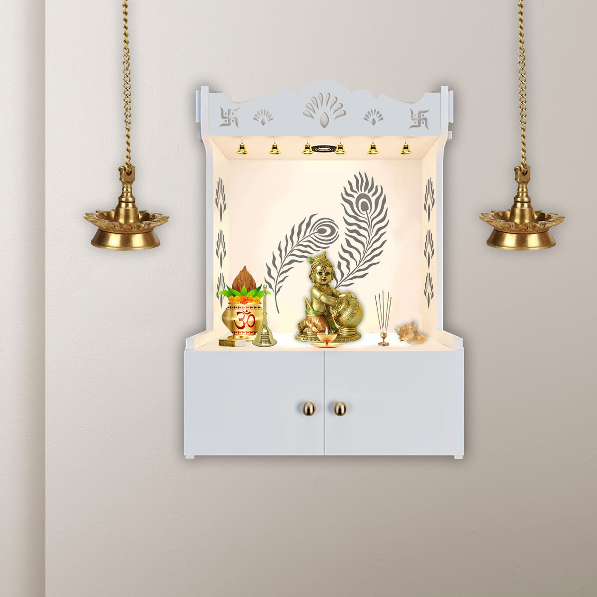 Premium Art of Mor Pankh White Wooden Temple for Home with Inbuilt Focus Light & Spacious Shelf