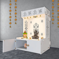 OM Swastika Symbol of Hindu Religious Floor Temple with Spacious Wooden Shelf & Inbuilt Focus Light- White Finish