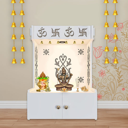 OM Swastika Symbol of Hindu Religious Floor Temple with Spacious Wooden Shelf & Inbuilt Focus Light- White Finish