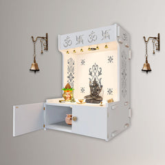 OM Swastika Symbol of Hindu Religious White Wooden Wall Temple for Home With Inbuilt focus Lights & Spacious Shelf