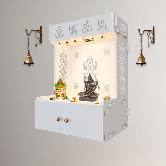 OM Swastika Symbol of Hindu Religious White Wooden Wall Temple for Home With Inbuilt focus Lights & Spacious Shelf