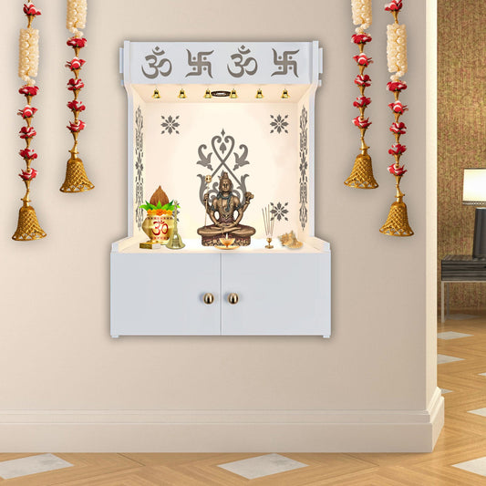 OM Swastika Symbol of Hindu Religious White Wooden Wall Temple for Home With Inbuilt focus Lights & Spacious Shelf
