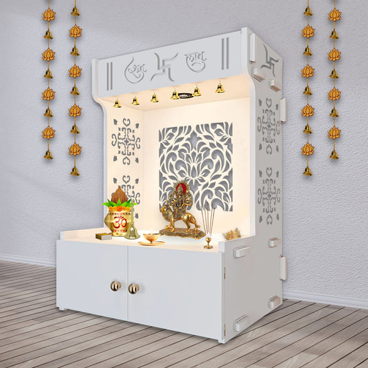 Designer Intricate Jali Design Pattern Floor Temple with Spacious Wooden Shelf & Inbuilt Focus Light- White Finish