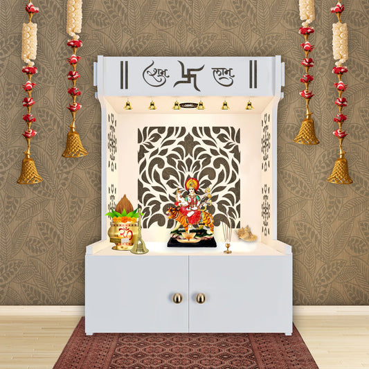 Designer Intricate Jali Design Pattern Floor Temple with Spacious Wooden Shelf & Inbuilt Focus Light- White Finish