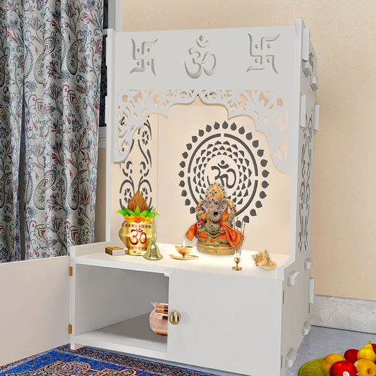 Designer Om Chakra Floor Temple with Spacious Wooden Shelf & Inbuilt Focus Light- White Finish