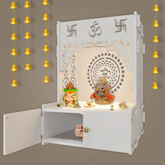 Designer Om Chakra White MDF Wood Temple with Inbuilt Focus Light & Spacious Shelf