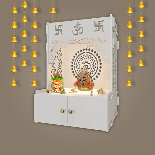 Designer Om Chakra White MDF Wood Temple with Inbuilt Focus Light & Spacious Shelf