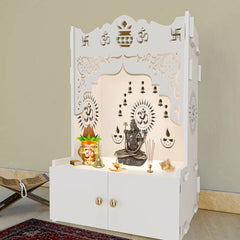 Holy Symbol Om Chakra Floor Temple with Spacious Wooden Shelf & Inbuilt Focus Light- White Finish