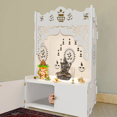 Holy Symbol Om Chakra Floor Temple with Spacious Wooden Shelf & Inbuilt Focus Light- White Finish