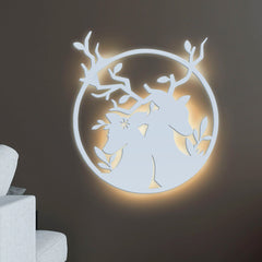 Loving Deer in Round Shaped Backlit Wooden Wall Decor with LED Night Light Walnut Finish