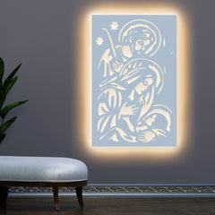 Baby Jesus Virgin Mary Joseph Holy Family Backlit Wooden Wall Hanging with LED Night Light Walnut Finish