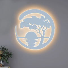 Beautiful Sunset Scenery Backlit Wooden Wall Decor with LED Night Light Walnut Finish