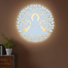 Meditating Lord Buddha Art Backlit Wooden Wall Hanging with LED Night Light Walnut Finish