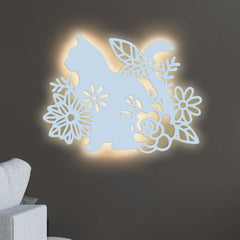 Cat with Flower Backlit Wooden Wall Decor with LED Night Light Walnut Finish