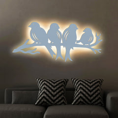 Birds Sitting on Branch Backlit Wooden Wall Decor with LED Night Light Walnut Finish