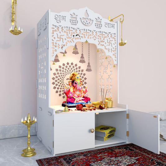 Divine Wooden Floor Temple with Spacious Shelf & Inbuilt Focus Light- White