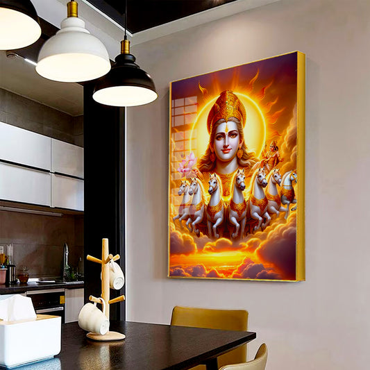 Beautiful Lord Surya Dev With Horses Canvas Printed Acrylic Wall Paintings