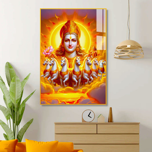 Beautiful Lord Surya Dev With Horses Canvas Printed Acrylic Wall Paintings