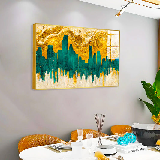 Spectacular Teal and Golden Abstract Cityscape Acrylic Wall Arts