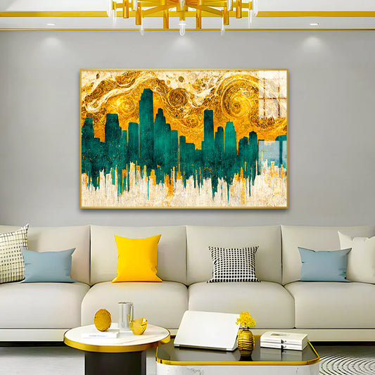 Spectacular Teal and Golden Abstract Cityscape Acrylic Wall Arts