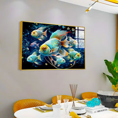 Abstract aquarium fish in space with beautiful small multicolored fish Acrylic wall painting