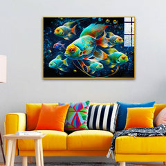 Abstract aquarium fish in space with beautiful small multicolored fish Acrylic wall painting