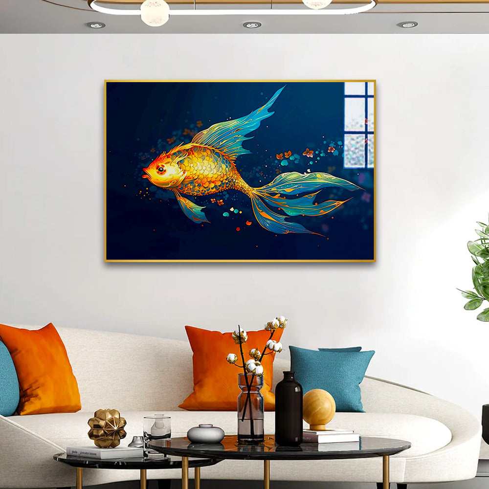 Magic goldfish isolated on dark sea blue Acrylic wall painting
