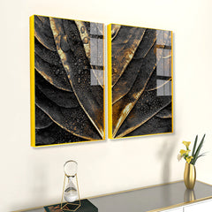 Wet Golden Alocasia Leaf Acrylic wall painting Set of 2