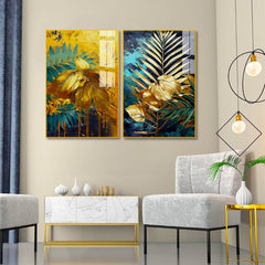 Palm Tree Acrylic painting with Golden Frame Set of 2