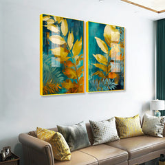 Bright color Contemporary art Texture gold element plants and flowers Acrylic painting Set of 2