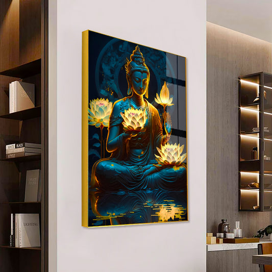 Beautiful Meditation Gautam Buddha Lotus Flower in Hand Acrylic Wall Paintings & Arts