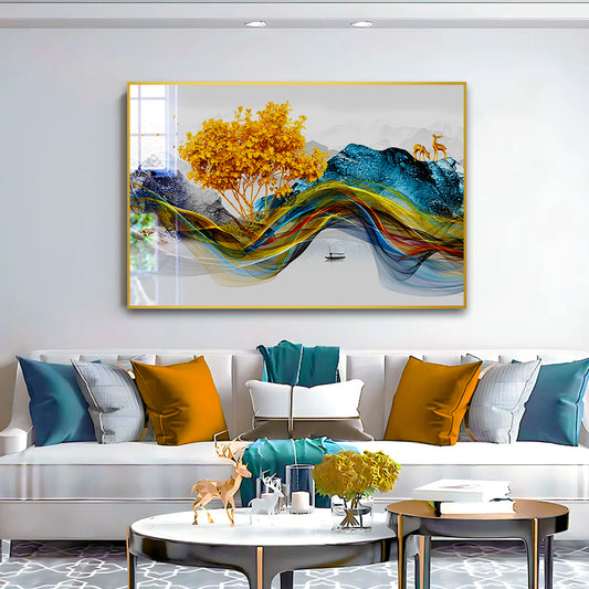 Beautiful Golden Tree With Deer Nature Acrylic Wall Paintings & Arts