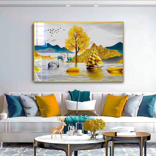 Beautiful Golden Nature With Deer Acrylic Wall Paintings & Arts