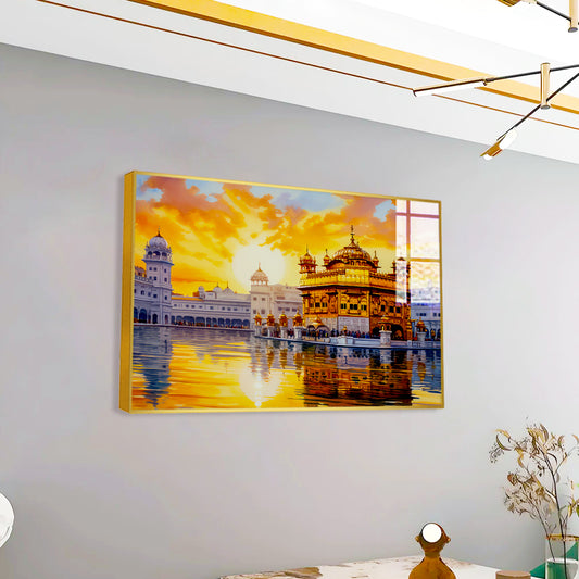 Beautiful Premium Golden Temple With Sunrise Acrylic Wall Paintings & Arts