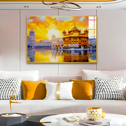 Beautiful Premium Golden Temple With Sunrise Acrylic Wall Paintings & Arts