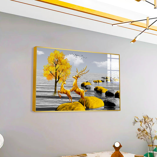 Beautiful Premium Golden Deer Running Acrylic Wall Paintings & Arts