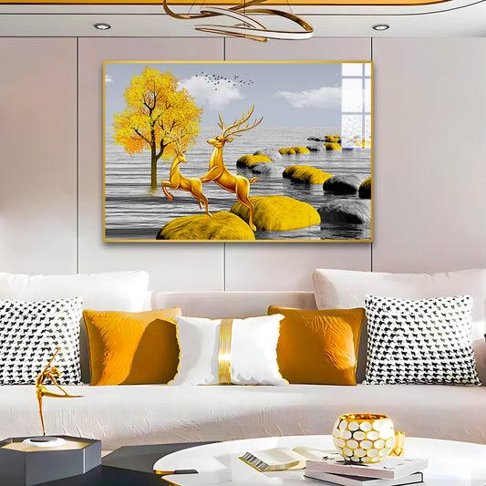 Beautiful Premium Golden Deer Running Acrylic Wall Paintings & Arts